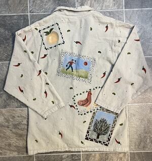 Brie Kriebel Hand Painted Jacket Women XS Folk Art Farm Chicken USA Cotton Veg